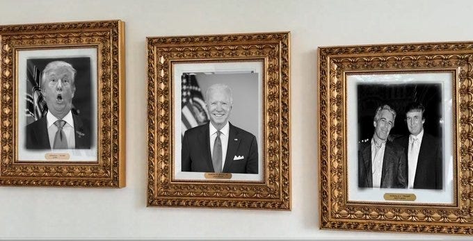 Three framed portraits on a wall. The left frame shows Donald Trump in a suit and tie, mid-speech. The center frame depicts Joe Biden in a suit and tie, standing with an American flag in the background. The right frame features Donald Trump and another man in suits, standing together.