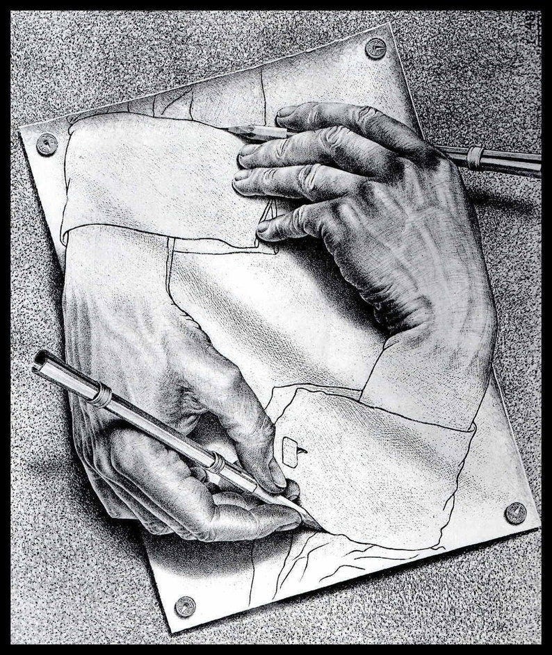 May include: A black and white drawing of two hands drawing each other. One hand is holding a pencil and drawing a line on a piece of paper. The other hand is holding a pencil and drawing a line on a piece of paper. The drawing is done in a realistic style and the hands are very detailed. May include: A black and white drawing of two hands drawing each other. One hand is holding a pencil and drawing a line on a piece of paper. The other hand is holding a pencil and drawing a line on a piece of paper. The drawing is done in a realistic style and the hands are very detailed.