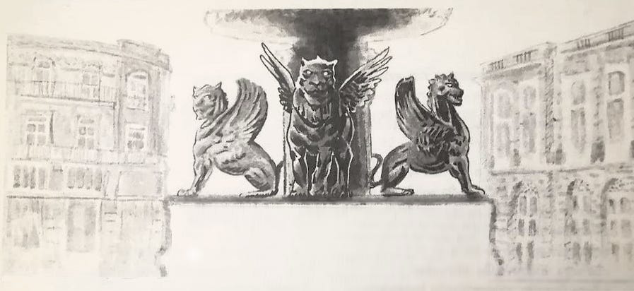 ilustração de fonte com três estátuas visíveis de leões. Parecem dirigir o olhar a nós.