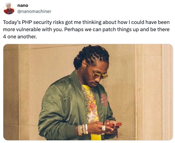 A meme from X about the PHP security risk. Click the link beneath the image to see the original A meme from X about the PHP security risk. Click the link beneath the image to see the original