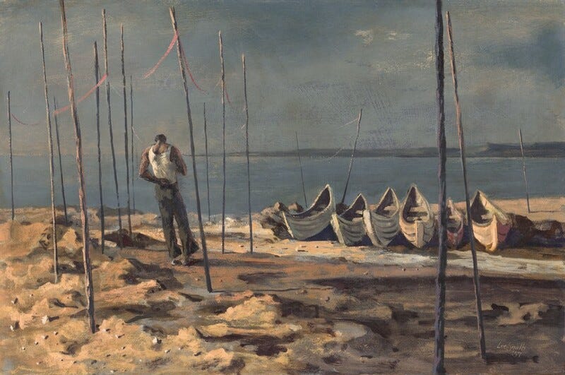 A brown-skinned man stands on a beach among poles driven into the sand, near a line of six rowboats pulled onto the shore near a slate-blue body of water in this horizontal painting. The scene is loosely painted in some areas so brushstrokes are visible, especially in the landscape. The man stands to our left, facing away from us with his head bowed. He has broad shoulders, muscled arms, and a narrow waist. His left arm is bent so that hand tucks into the waistband of his olive-green pants. His right elbow is bent so his body obscures his hand. He wears a white, sleeveless undershirt tucked into his pants. Wind blows the wide cuffs of his pants to our right. Seventeen gray, irregularly spaced poles, at least half again as tall as the man, stand upright around the man and along the beach. Pink ribbons hang between the poles, connecting many of them. The six rowboats sit in a line to our right, with the far end of the boats slightly tipped up so we can look down into them. The beach is made of rough mounds of peach and caramel-brown sand, with oyster-white rocks casting dark shadows. Beyond the shore, the flat surface of the water stretches to the horizon, which comes just over halfway up the composition. Horizontal strokes of flint-gray along the right half of the horizon could be distant hills or land. The sky above is streaked with dove gray against slate blue, with a few touches of pale, butter yellow. The scene is lit low from our left, highlighting the white stones, the man’s white shirt, and the front ends of the rowboats. The artist signed and dated the painting in the lower right: “Lee-Smith ‘57.” A brown-skinned man stands on a beach among poles driven into the sand, near a line of six rowboats pulled onto the shore near a slate-blue body of water in this horizontal painting. The scene is loosely painted in some areas so brushstrokes are visible, especially in the landscape. The man stands to our left, facing away from us with his head bowed. He has broad shoulders, muscled arms, and a narrow waist. His left arm is bent so that hand tucks into the waistband of his olive-green pants. His right elbow is bent so his body obscures his hand. He wears a white, sleeveless undershirt tucked into his pants. Wind blows the wide cuffs of his pants to our right. Seventeen gray, irregularly spaced poles, at least half again as tall as the man, stand upright around the man and along the beach. Pink ribbons hang between the poles, connecting many of them. The six rowboats sit in a line to our right, with the far end of the boats slightly tipped up so we can look down into them. The beach is made of rough mounds of peach and caramel-brown sand, with oyster-white rocks casting dark shadows. Beyond the shore, the flat surface of the water stretches to the horizon, which comes just over halfway up the composition. Horizontal strokes of flint-gray along the right half of the horizon could be distant hills or land. The sky above is streaked with dove gray against slate blue, with a few touches of pale, butter yellow. The scene is lit low from our left, highlighting the white stones, the man’s white shirt, and the front ends of the rowboats. The artist signed and dated the painting in the lower right: “Lee-Smith ‘57.”