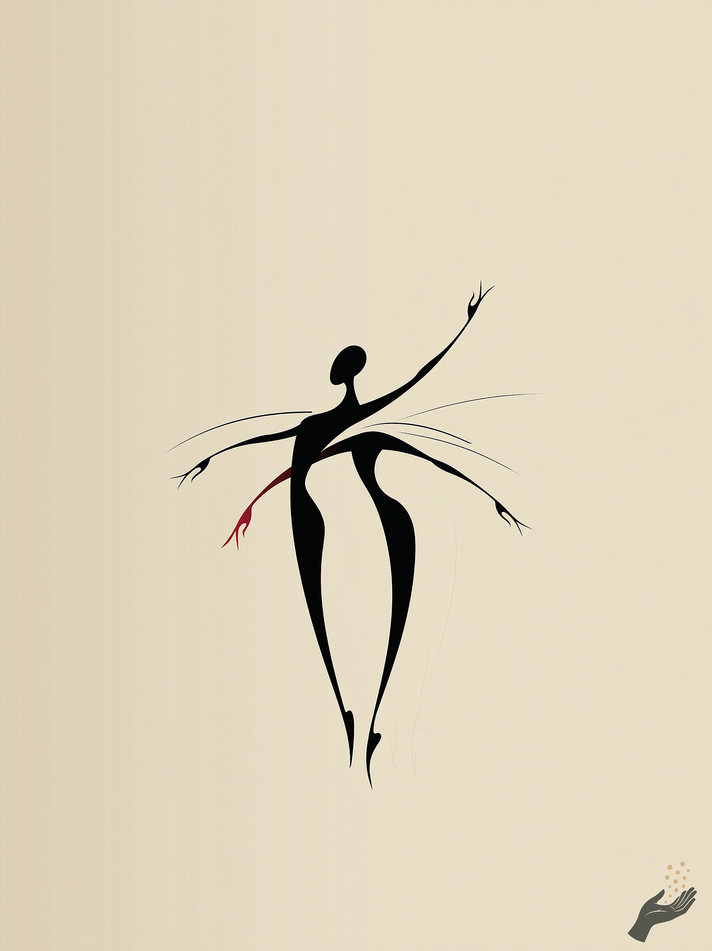 A minimalist drawing on a cream background. A single fluid black line forms a dancing figure with arms raised, marked by one small stroke of red. Wide empty space surrounds it. A minimalist drawing on a cream background. A single fluid black line forms a dancing figure with arms raised, marked by one small stroke of red. Wide empty space surrounds it.