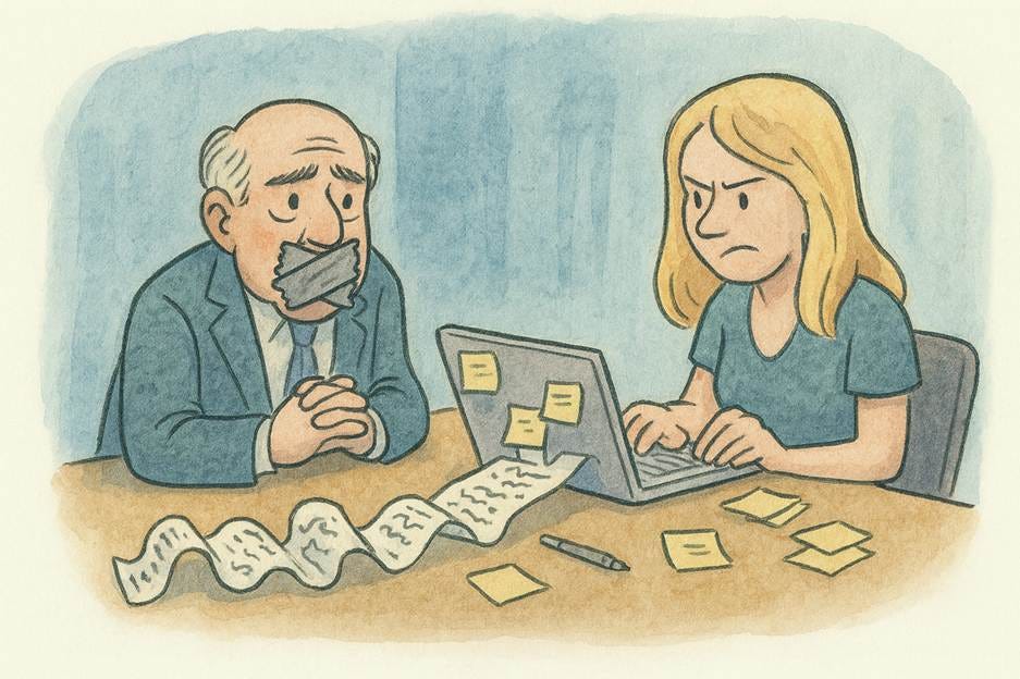 A person and person sitting at a table with papers and papers

AI-generated content may be incorrect.