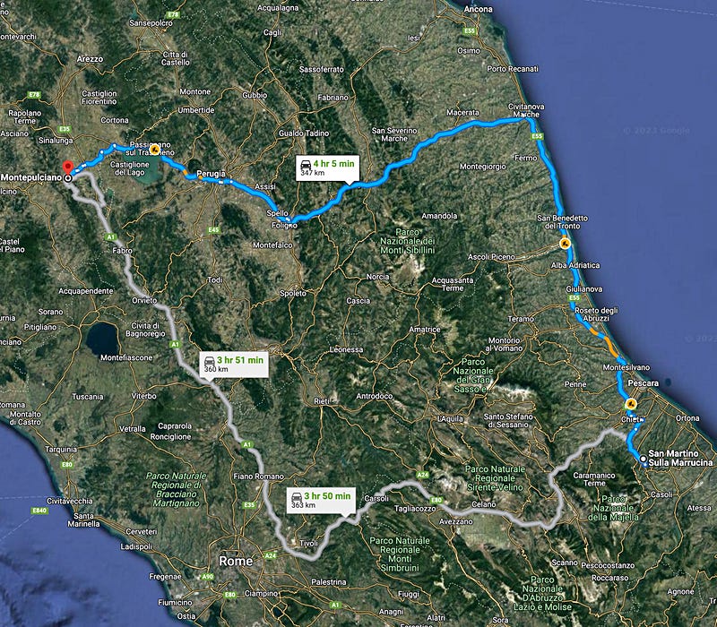It's a 3 1/2-hour drive across the Apennines from the Tuscan village Montepulciano to Masciarelli's winery in Abruzzo.