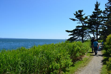 Lighthouse in Maine with rocky beaches and children playing.