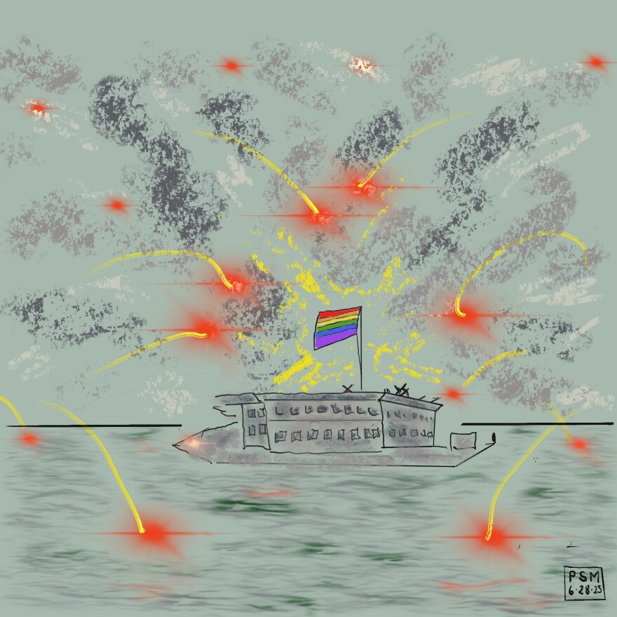 This is an illustrated drawing of Fort Sumter under fire flying a Pride flag, a flag that is striped in the colors of the rainbow This is an illustrated drawing of Fort Sumter under fire flying a Pride flag, a flag that is striped in the colors of the rainbow