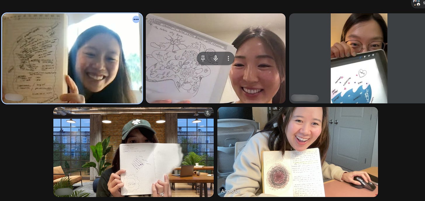 A screenshot of a Google Meeting with 5 people smiling and holding up their creative meditation exercise page.