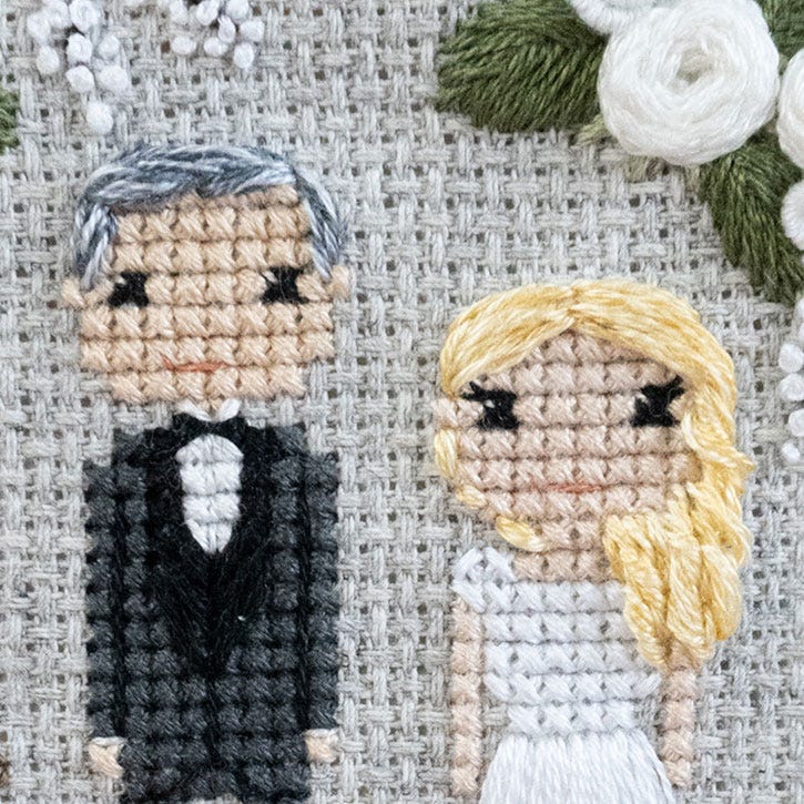 A close-up photograph of a groom and bride as stitch people, where you can see both characters' hair is using tweeded floss. A close-up photograph of a groom and bride as stitch people, where you can see both characters' hair is using tweeded floss.