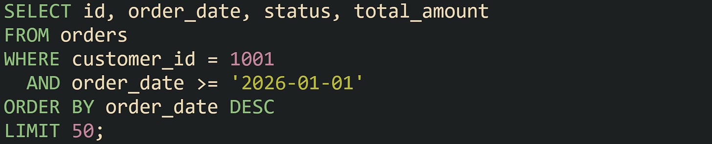 SELECT id, order_date, status, total_amount FROM orders WHERE customer_id = 1001   AND order_date >= '2026-01-01' ORDER BY order_date DESC LIMIT 50;