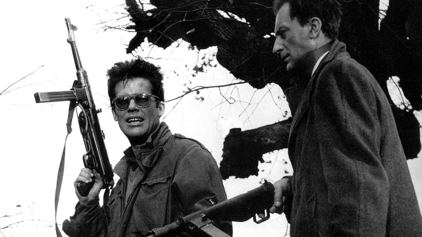 Assassins Maciek Chełmicki (Zbigniew Cybulski) and Andrzej Kossecki (Adam Pawlikowski), just after killing the wrong men in an attempted political assassination, although they don't learn of their mistake until later.