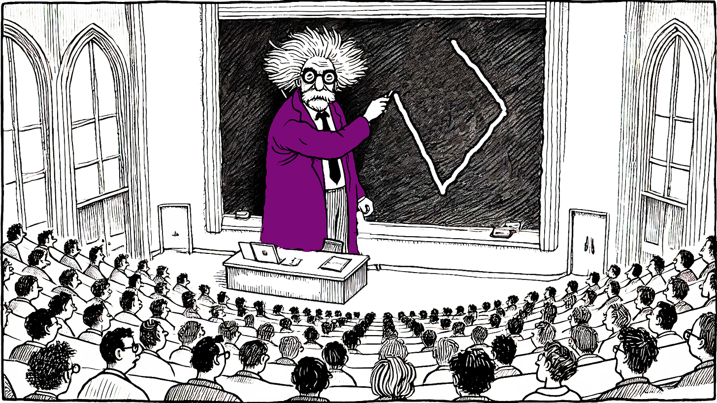 A lecturers draws a rhomb on the black-board.