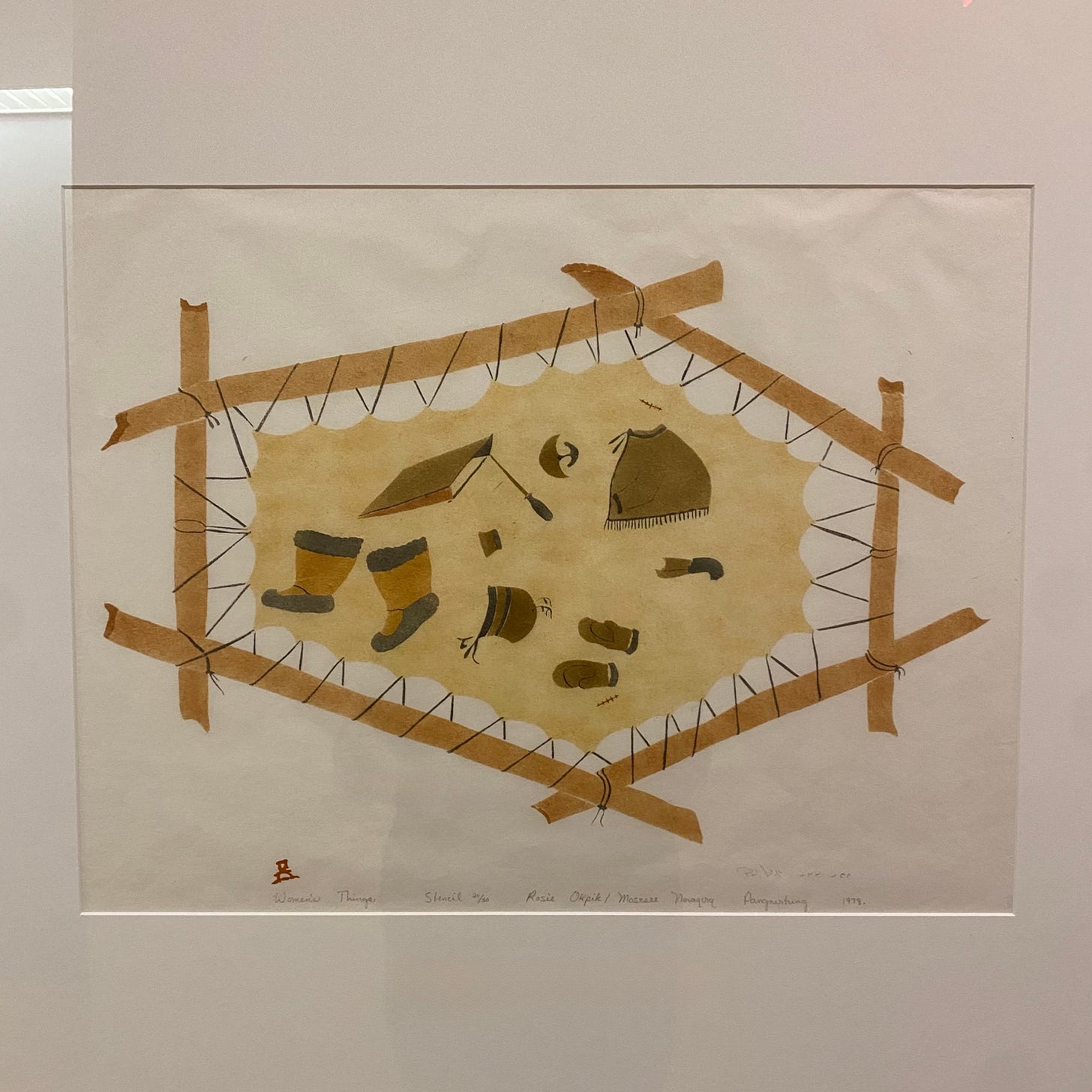 Print of a collection of tools and items of clothing arranged on a geometric drying track.
