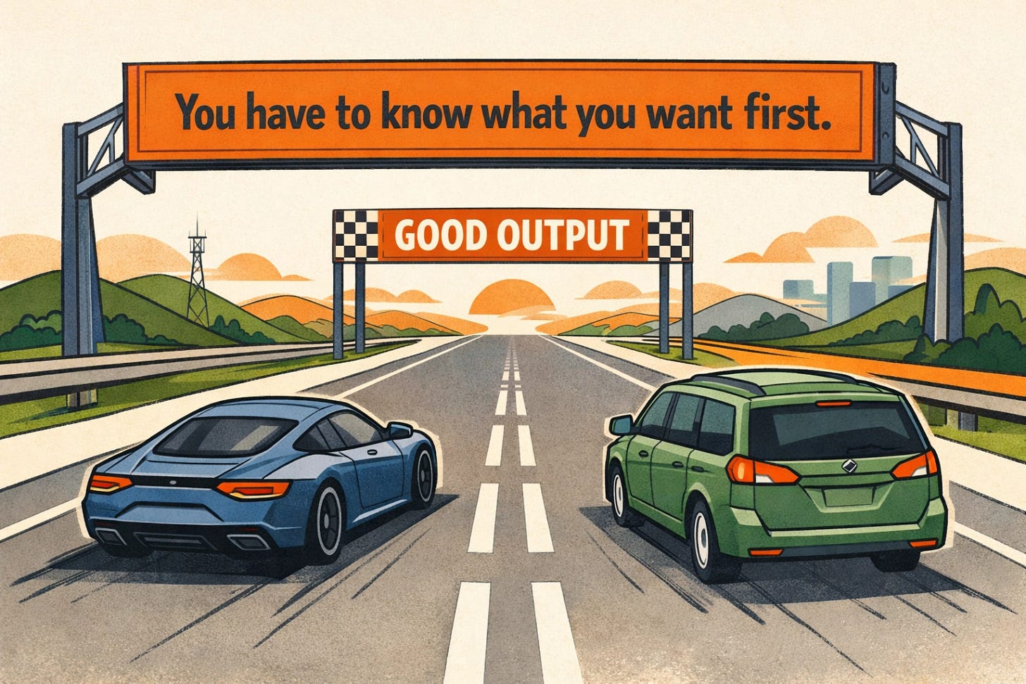 Illustration of a Maserati and a minivan driving toward a finish line labeled Good Output passing through a checkpoint reading You have to know what you want first — representing the AI image generation brief problem
