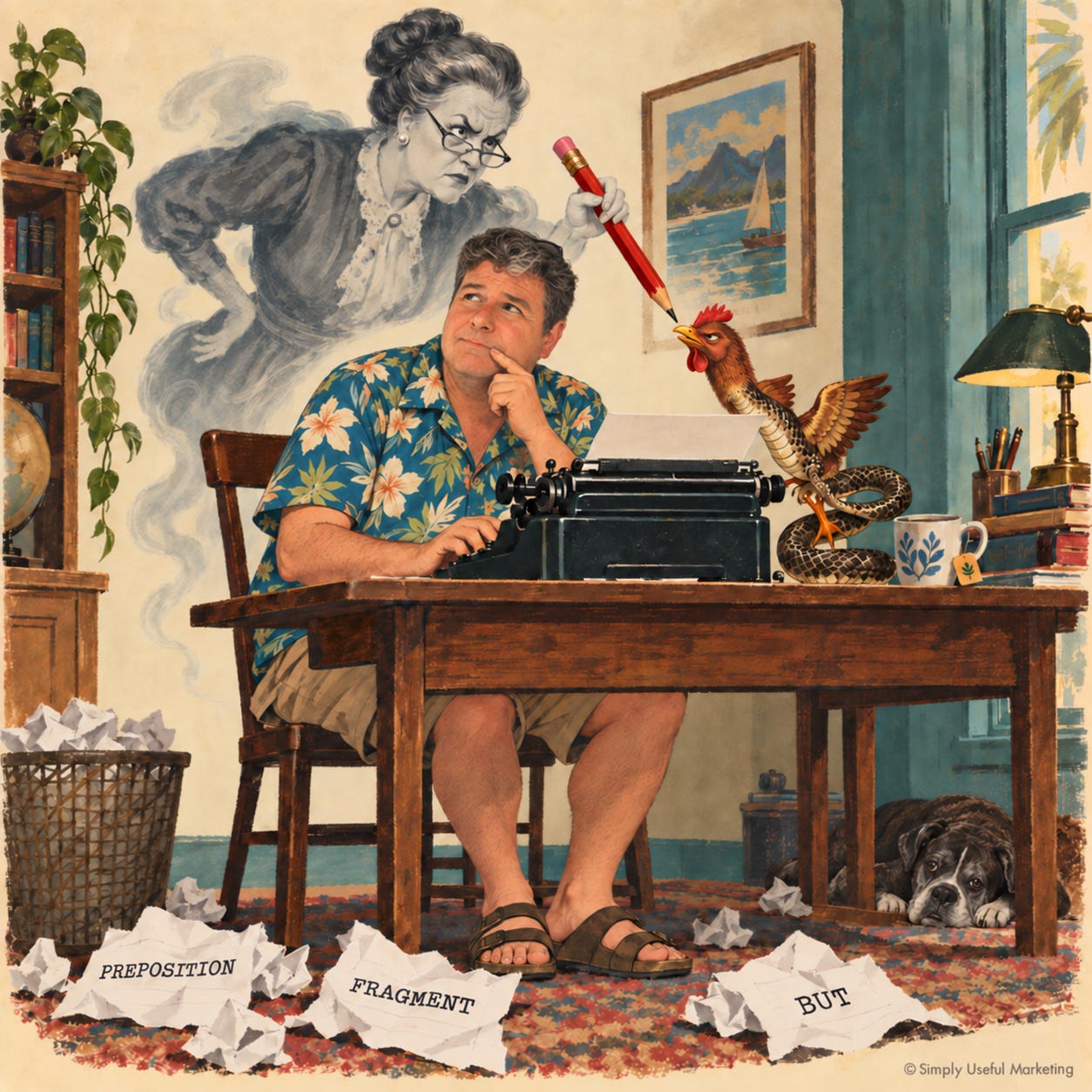 A writer pauses at his typewriter while a stern ghostly English teacher hovers behind him and CC, a cobra-chicken, gives a red correction pencil a skeptical side-eye. His boxer rests under the desk amid crumpled drafts. A writer pauses at his typewriter while a stern ghostly English teacher hovers behind him and CC, a cobra-chicken, gives a red correction pencil a skeptical side-eye. His boxer rests under the desk amid crumpled drafts.