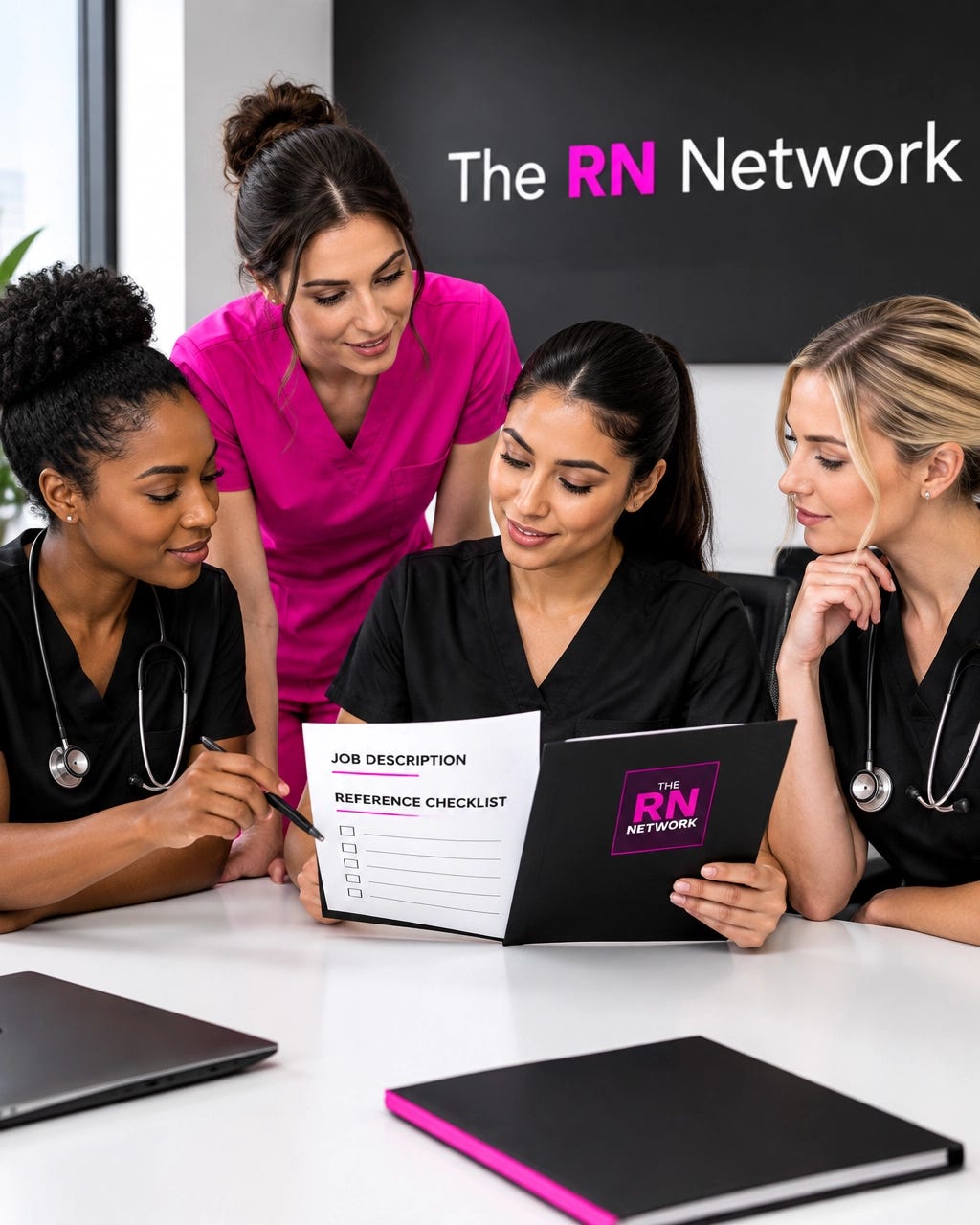 Nurses in black, white, and pink scrubs collaborating over a job description and reference checklist Nurses in black, white, and pink scrubs collaborating over a job description and reference checklist