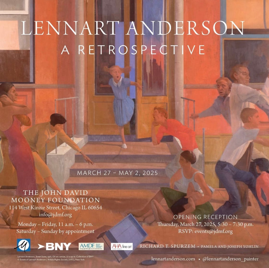 A show announcement featuring a painting of a group of adults and children reacting to an accident with a broken toy wagon and a child. The scene takes place in front of a building with a stoop, and a young girl is centered in the picture running alarmed out the doors toward the chaos of people on the sidewalk.