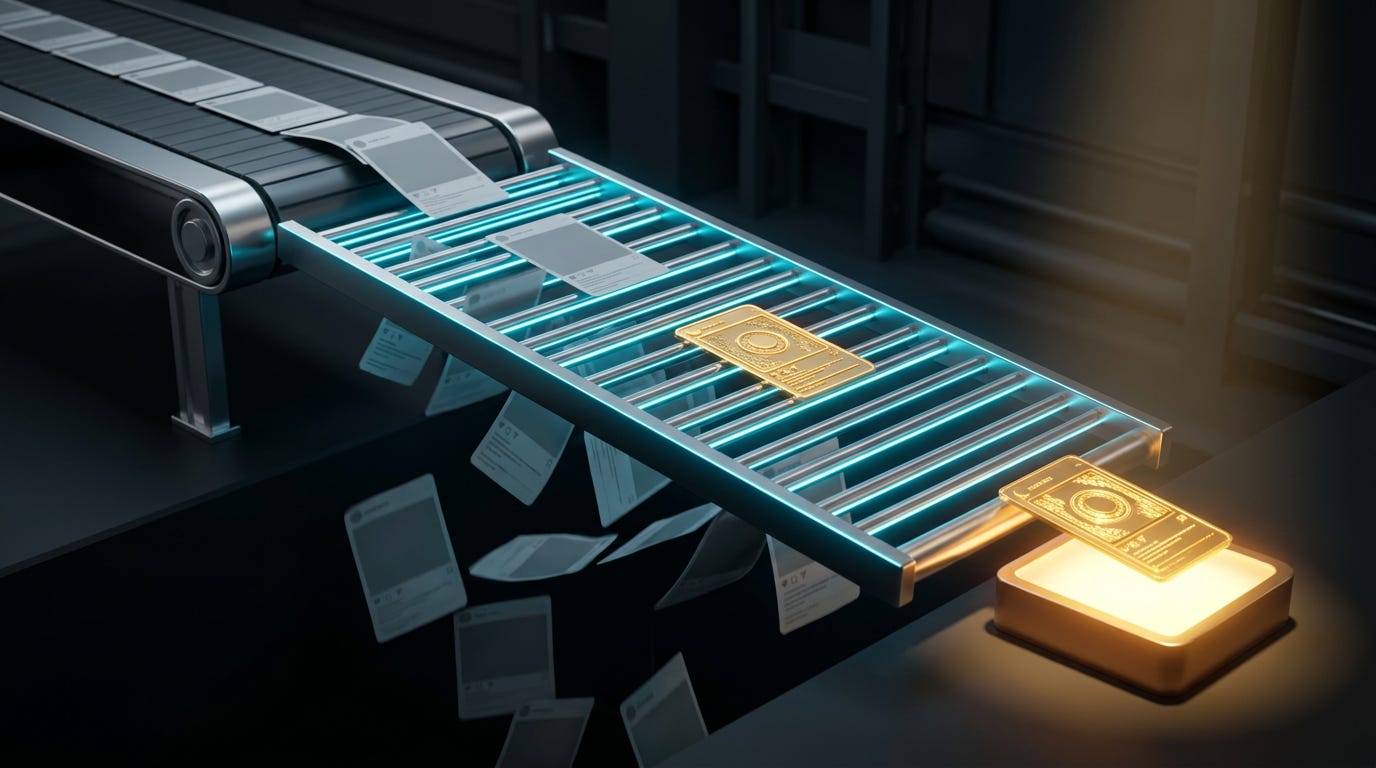 Conveyor belt sorting social media posts, symbolizing algorithms filtering content for recommendation and reach.