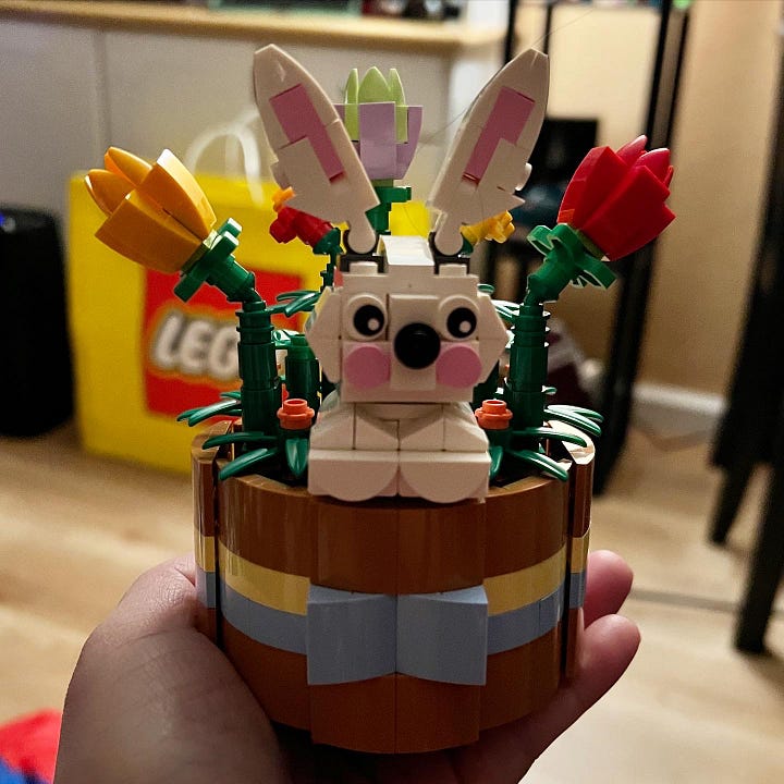 Images of LEGO Easter Basket front with rabbit, back with flowers