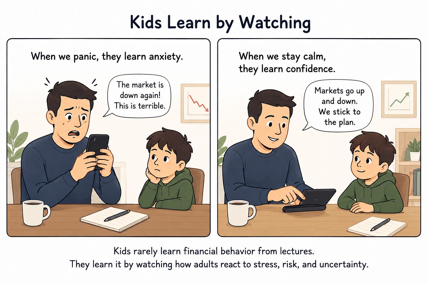 A two-panel illustration showing how children learn financial behavior from parents. In the first panel, a stressed parent reacts emotionally to a market drop while the child watches. In the second panel, the parent calmly explains that markets naturally go up and down, teaching the child confidence and discipline. A two-panel illustration showing how children learn financial behavior from parents. In the first panel, a stressed parent reacts emotionally to a market drop while the child watches. In the second panel, the parent calmly explains that markets naturally go up and down, teaching the child confidence and discipline.