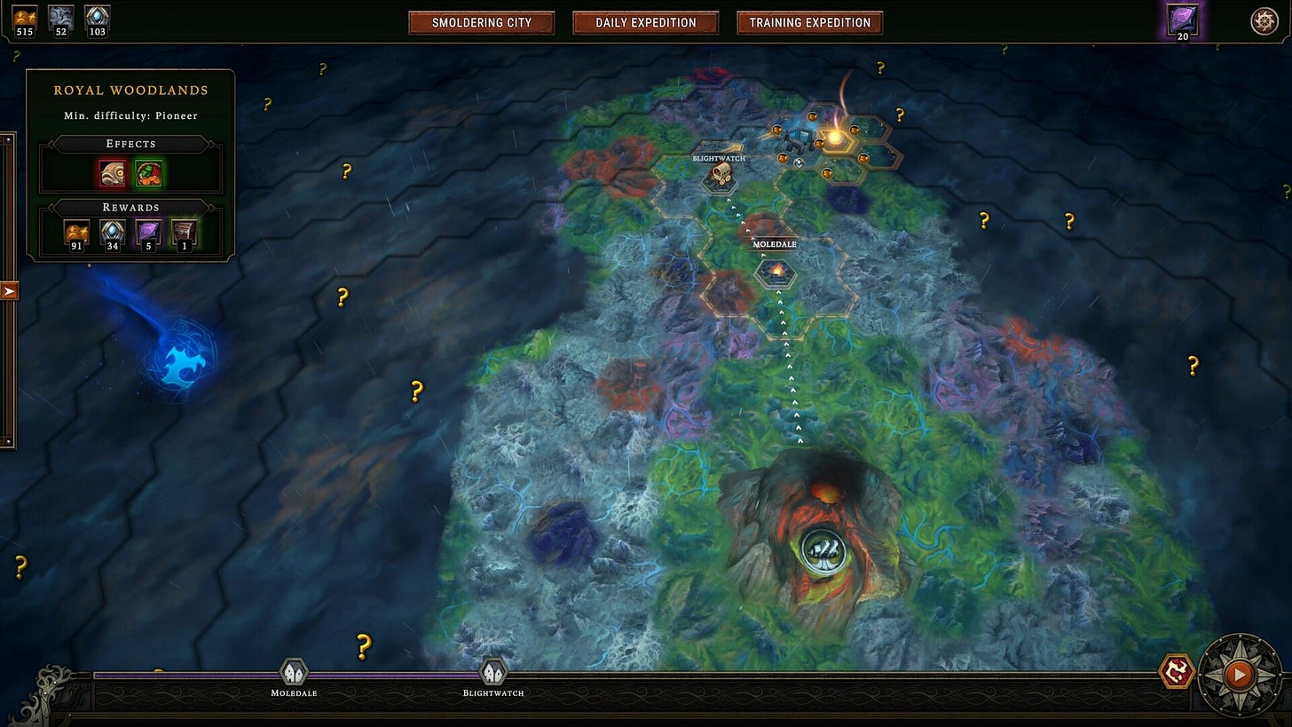 A map of the world in hexes. Some of the world is revealed; most is in fog. Question marks dot the fog.