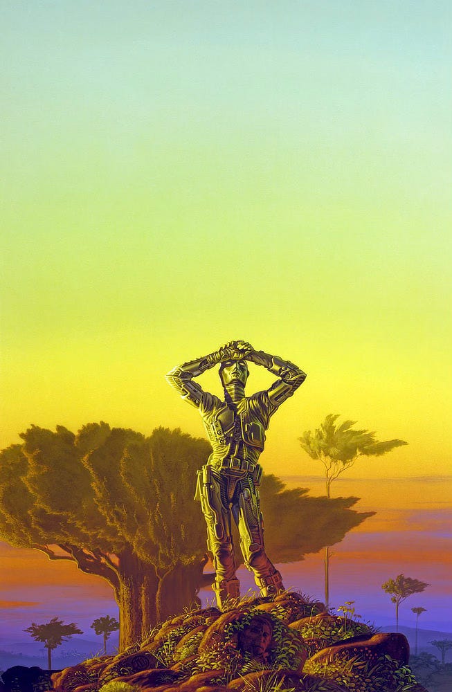 A robot stands with one hip slightly cocked and hands clasped over its forehead as if shielding its eyes. Sunlight reflects off its metallic body. Behind and slightly below him, A thick-trunked alien tree spreads its canopy wide and flat, mirroring the form of the robot's arms, elbows pointed out. From the top down, the sky is a lime to lemon gradient that bleeds to orange and purple haze at the horizon. The mound of dirt in the foreground is sparsely covered with leaves and berries, framing a human face. A robot stands with one hip slightly cocked and hands clasped over its forehead as if shielding its eyes. Sunlight reflects off its metallic body. Behind and slightly below him, A thick-trunked alien tree spreads its canopy wide and flat, mirroring the form of the robot's arms, elbows pointed out. From the top down, the sky is a lime to lemon gradient that bleeds to orange and purple haze at the horizon. The mound of dirt in the foreground is sparsely covered with leaves and berries, framing a human face.