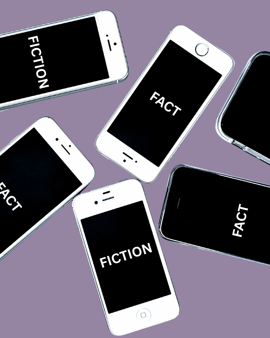 Six iPhones are scattered in the image. They all have black backgrounds with white text. Some read “FACT” and others read “FICTION.” The background of the image is a darker lilac color.