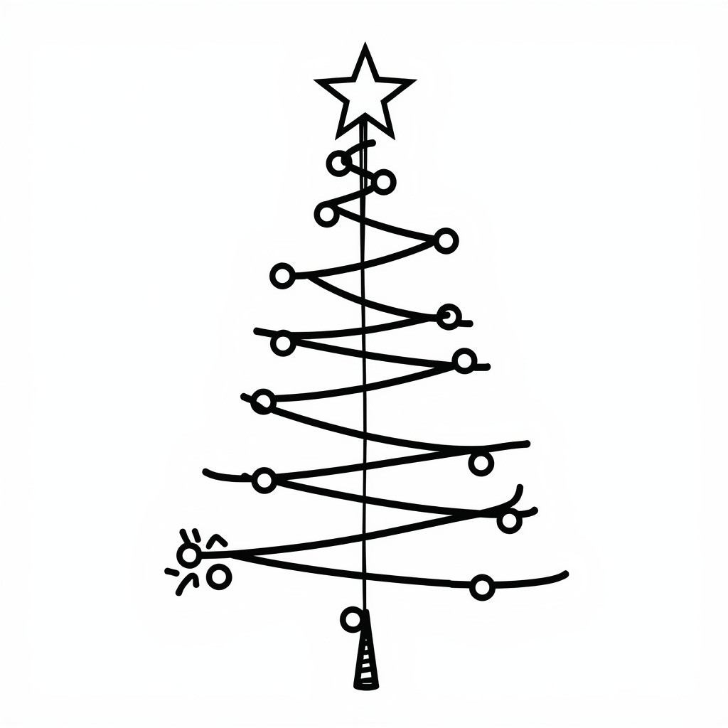 a very simple line art black and white drawing of a christmas tree