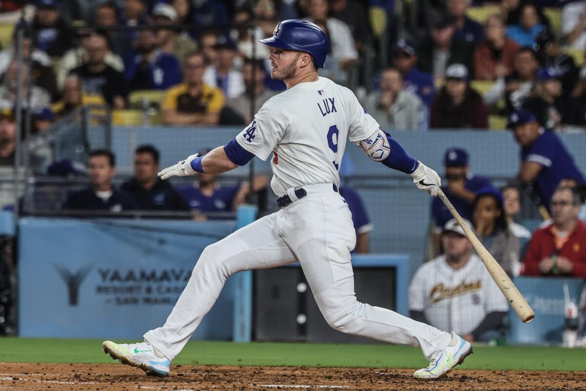 Gavin Lux knocks in a run with a single in the fourth inning Wednesday.