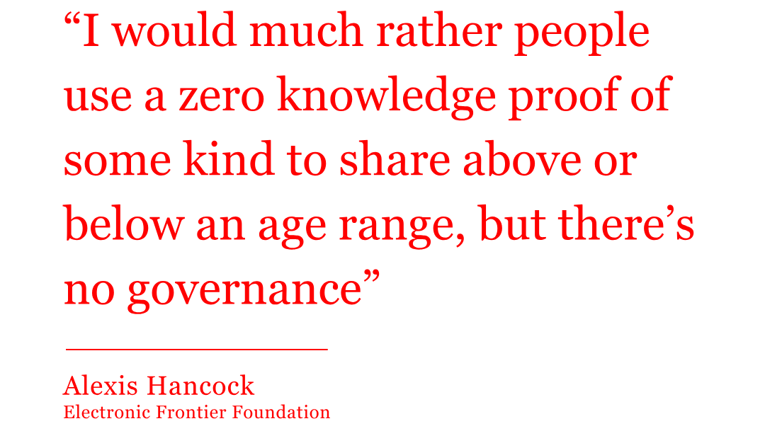 The quote from Alexis Hancock reads: “I would much rather people use a zero knowledge proof of some kind to share above or below an age range, but there’s no governance” The quote from Alexis Hancock reads: “I would much rather people use a zero knowledge proof of some kind to share above or below an age range, but there’s no governance”