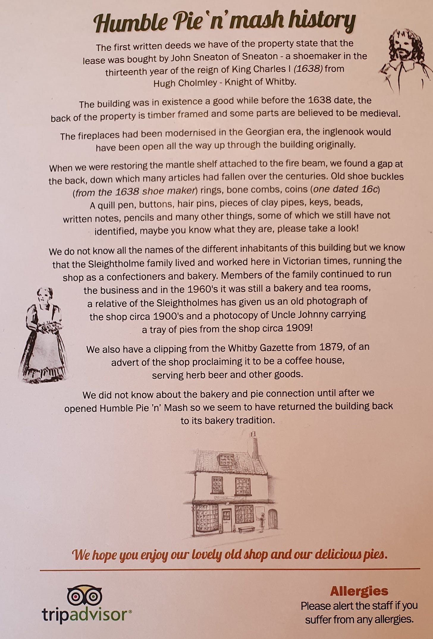 Picture of the back page of the menu, it tells the history of the building, and that one of its very earliest incarnations was as a pie shop in the 17th century.