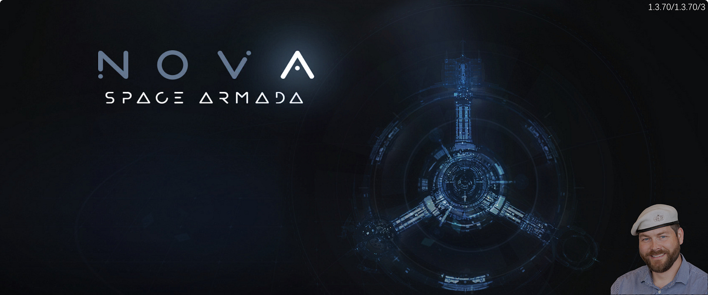 A dark, futuristic title screen showing the text “NOVA SPACE ARMADA” on the left, with a glowing blue schematic-like image of a circular space station on the right and small version text “1.3.70/1.3.70/3” in the top-right corner. A dark, futuristic title screen showing the text “NOVA SPACE ARMADA” on the left, with a glowing blue schematic-like image of a circular space station on the right and small version text “1.3.70/1.3.70/3” in the top-right corner.