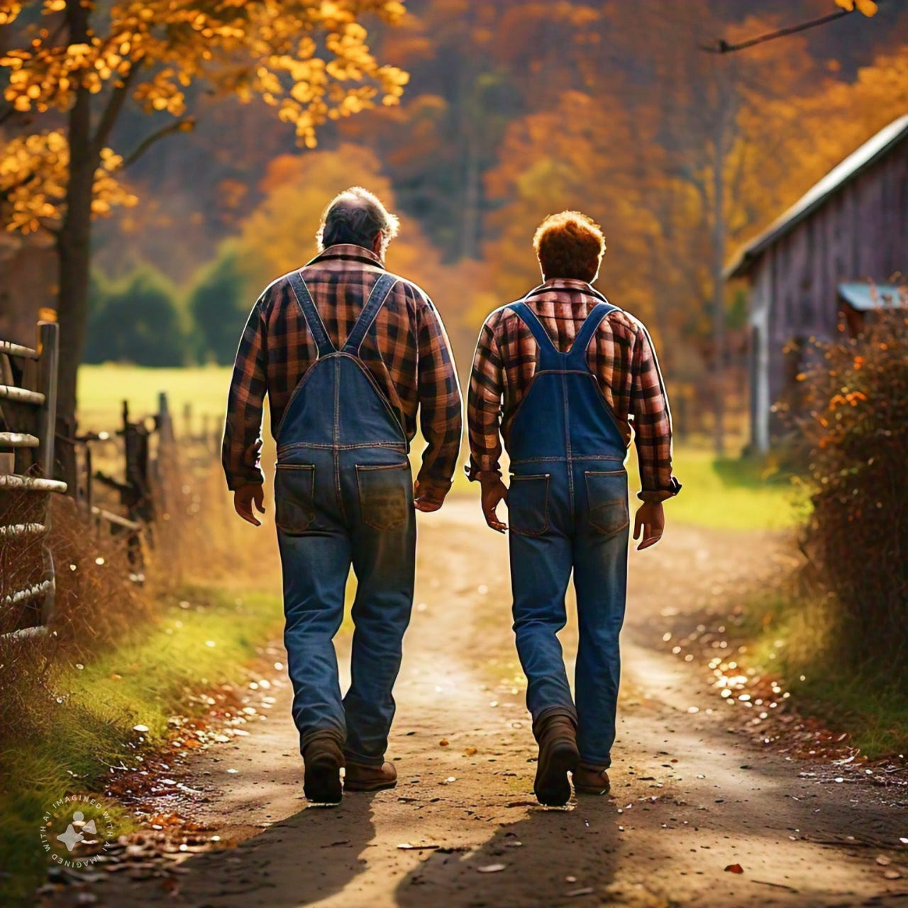 Two farm workers walking down a dirt road. One is big and powerful, and the other one is shorter.