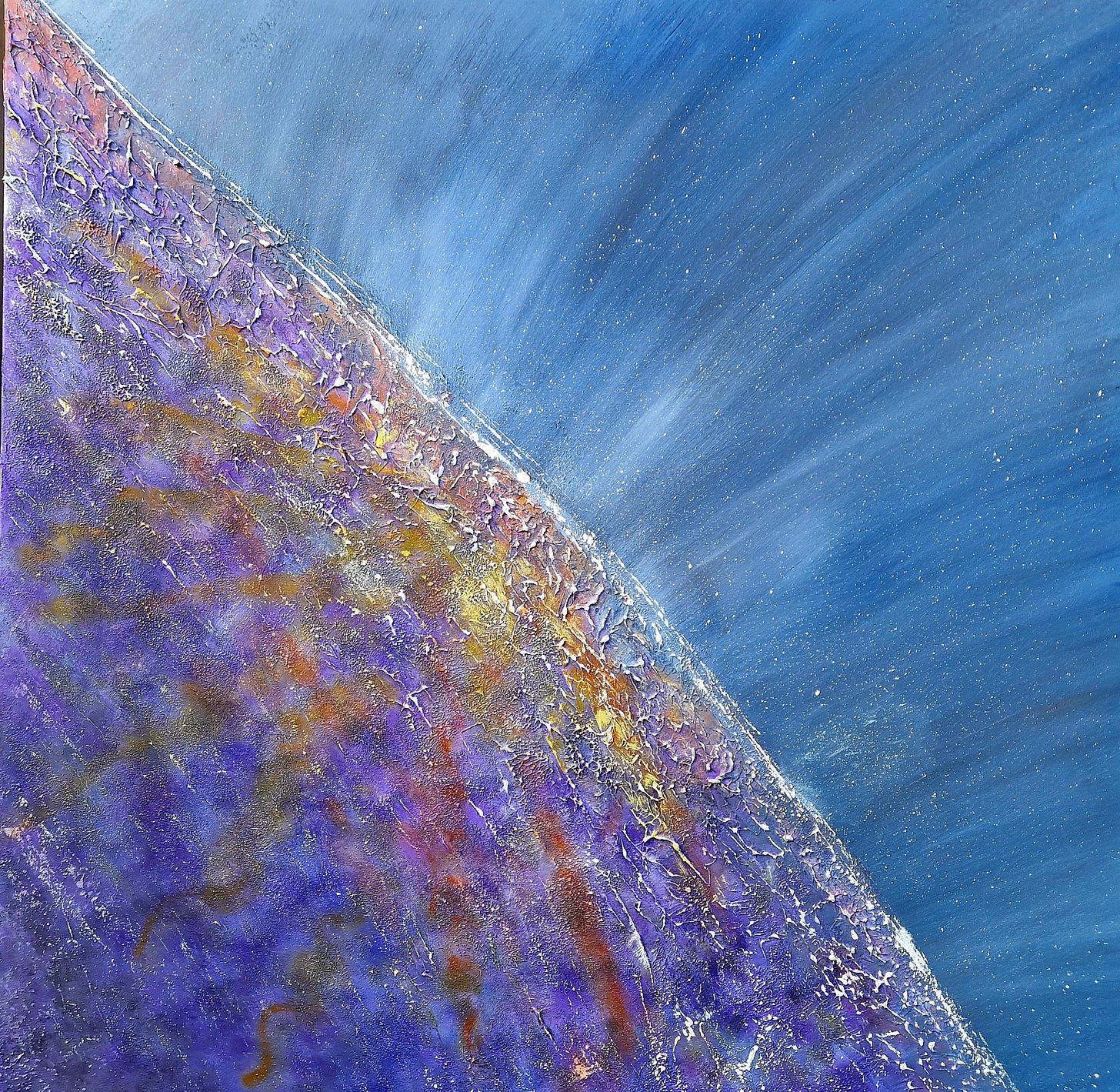 Neutron Star – a 1-metre acrylic painting on box canvas, featuring cosmic blues, radiant golds, and textured purples, evoking the intense energy of a stellar explosion.