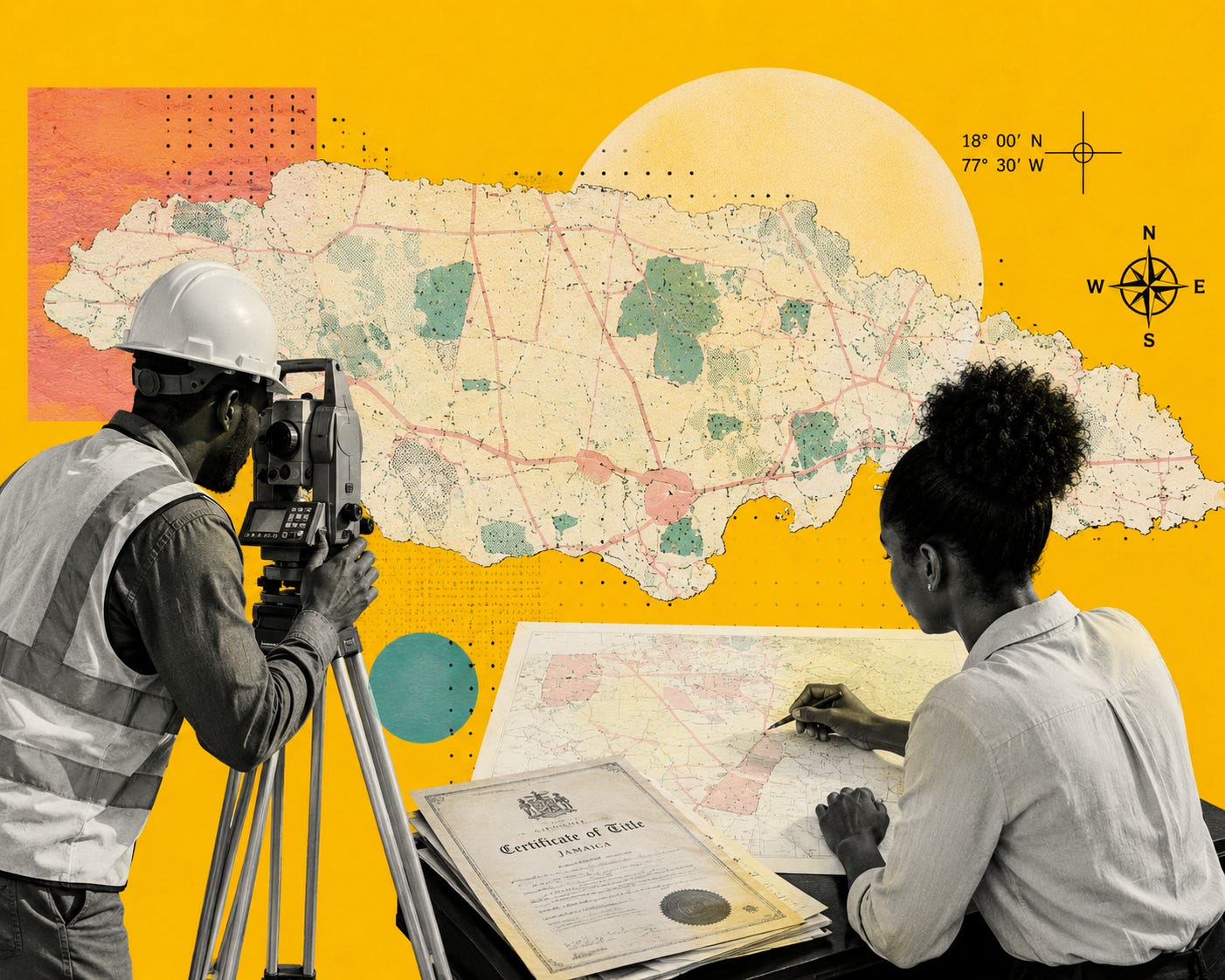 A Jamaican land surveyor and planning specialist work beneath a digital map of the island, symbolising the country’s push toward modernised land titling and geospatial reform. The image reflects both the promise of technological progress and the growing national debate around sovereignty, ownership, and who ultimately controls Jamaica’s future land systems. A Jamaican land surveyor and planning specialist work beneath a digital map of the island, symbolising the country’s push toward modernised land titling and geospatial reform. The image reflects both the promise of technological progress and the growing national debate around sovereignty, ownership, and who ultimately controls Jamaica’s future land systems.