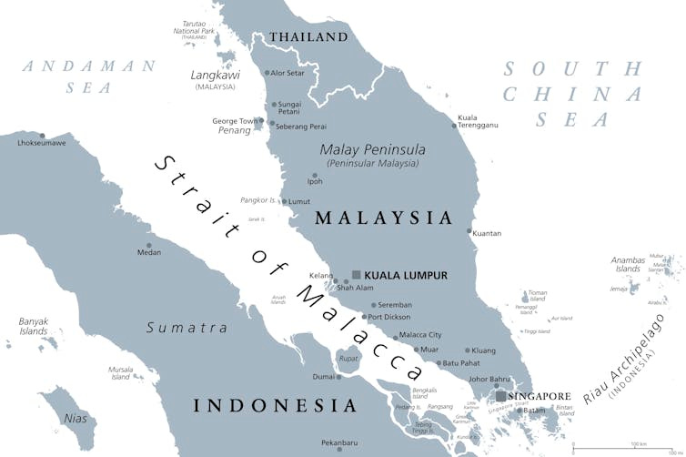 A map showing the Strait of Malacca in south-east Asia. A map showing the Strait of Malacca in south-east Asia.