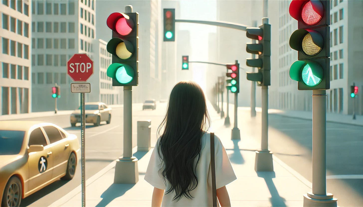 a clean, serene, and minimalistic digital art style image featuring an Asian girl with long black hair standing and looking at a series of stoplights in a cityscape. The stoplights are red, green, and yellow. The scene is set on a sunny day with natural light illuminating the area. The overall composition is calm and balanced, with minimal elements and a soft color palette, focusing on a tranquil and mindful setting. The girl is standing on a sidewalk in a city, gazing at the stoplights in the distance.