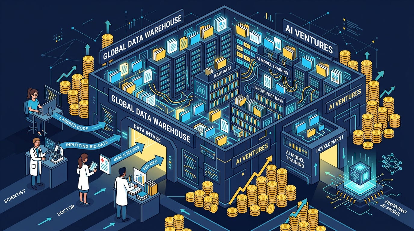 Flat isometric illustration of a huge data warehouse filled with glowing folders, documents and datasets, human experts including programmers, scientists, doctors and researchers feeding labeled data into the warehouse, a small AI model emerging from the other side, stacks of coins growing around the building, dark navy background, clean vector art style, bold yellow, blue and white accents, modern AI business editorial aesthetic Flat isometric illustration of a huge data warehouse filled with glowing folders, documents and datasets, human experts including programmers, scientists, doctors and researchers feeding labeled data into the warehouse, a small AI model emerging from the other side, stacks of coins growing around the building, dark navy background, clean vector art style, bold yellow, blue and white accents, modern AI business editorial aesthetic