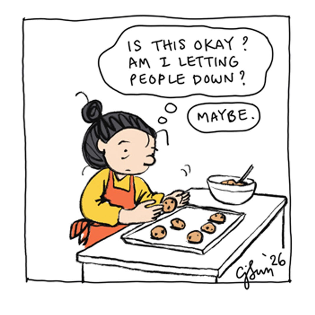 Excerpted panel from a comic strip illustrating a girl with a bun taking a break from social media and baking cookies for an elephant. Original art by Connie Sun, cartoonconnie, 2026.