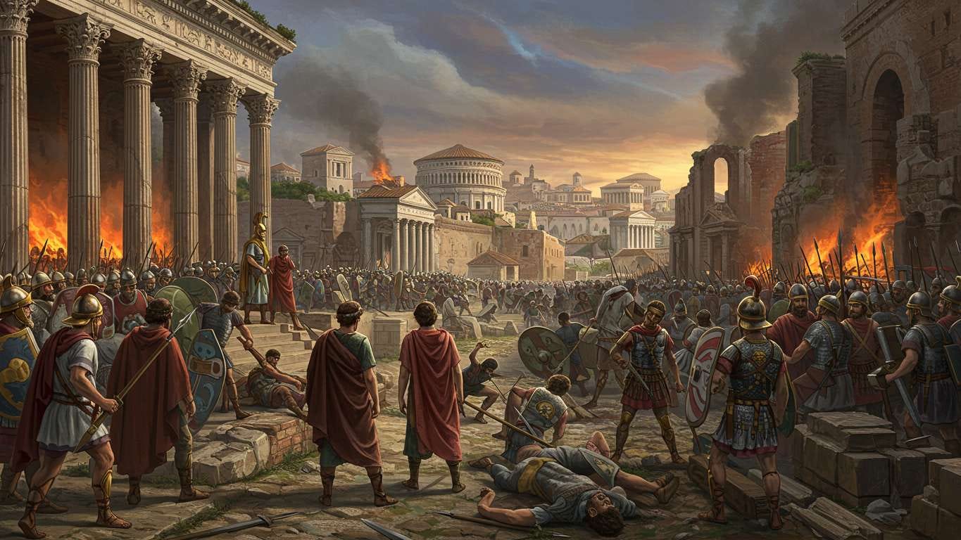 Dramatic historical illustration of the fall of the Western Roman Empire in 476 CE. Roman soldiers stand amid burning temples and collapsing architecture as chaos unfolds. A Roman commander addresses troops, while flames engulf classical buildings. In the background, iconic Roman structures fade into twilight, symbolizing the end of Roman imperial rule in the West.