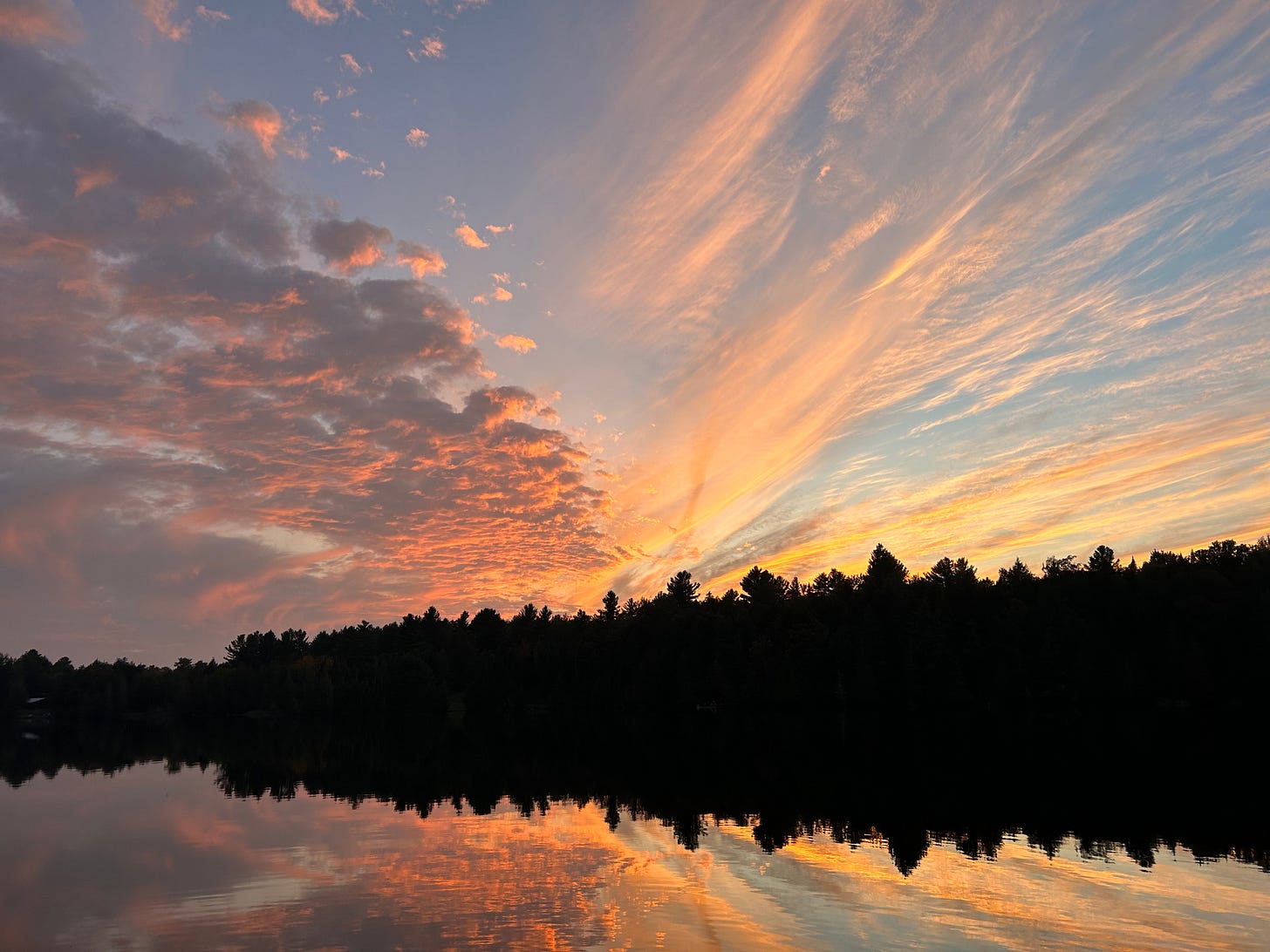 A pink, orangem and yellow sunset on a lake, the sky and dark outline of pine forest reflected against the lake water. 