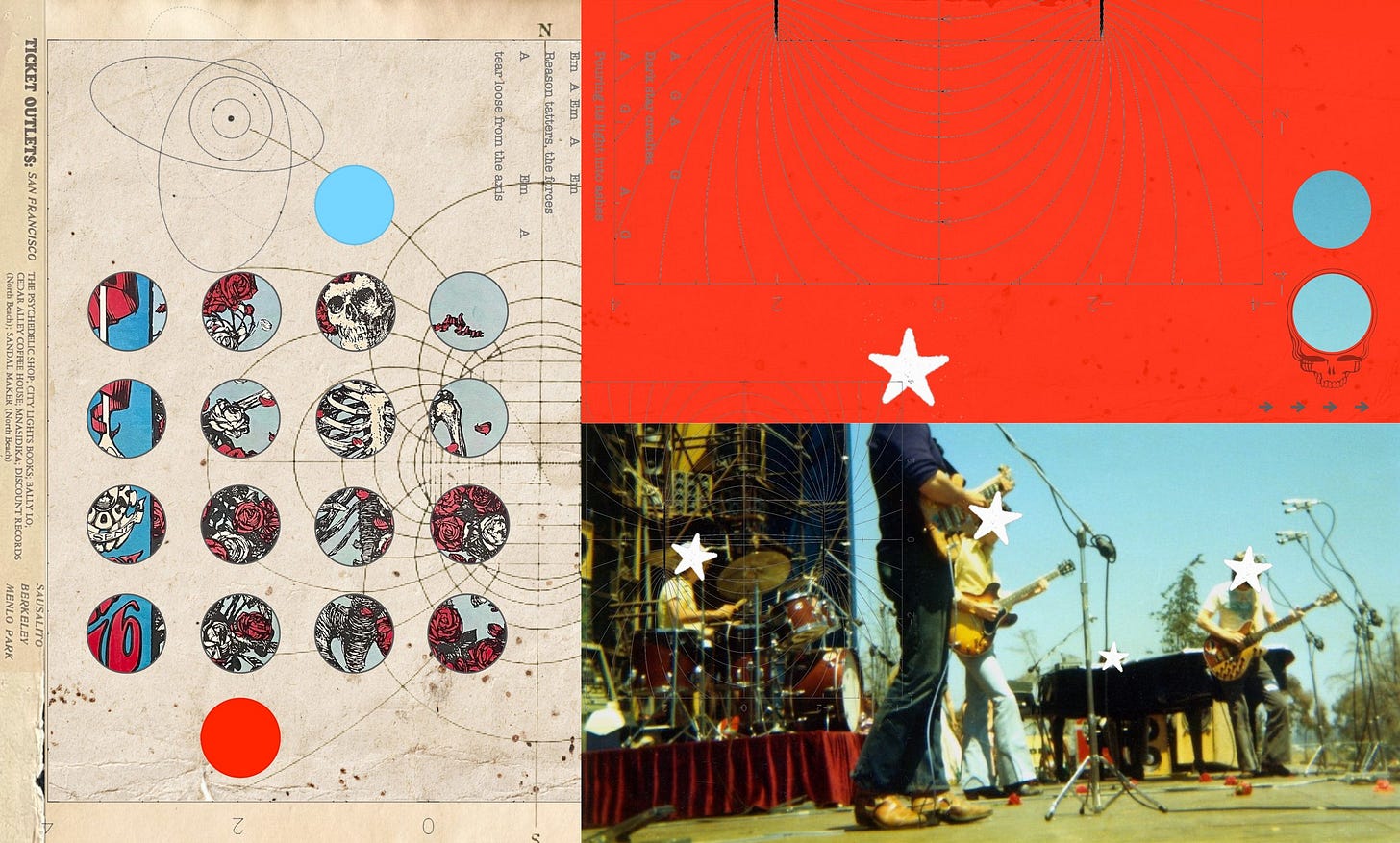 collage of Grateful Dead on stage and skeleton graphics