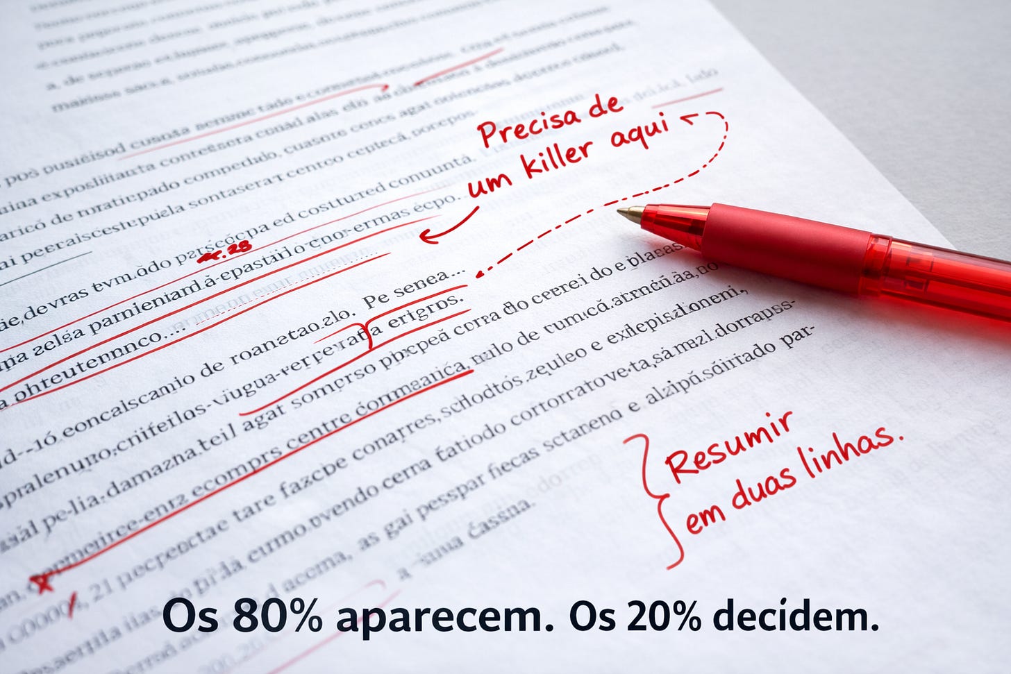 Documento jurídico impresso com anotações em caneta vermelha, indicando revisões estratégicas como “Precisa de um killer aqui”, “Inverta a ordem” e “Resumir em duas linhas”, ilustrando a intervenção humana decisiva na redação jurídica assistida por IA.