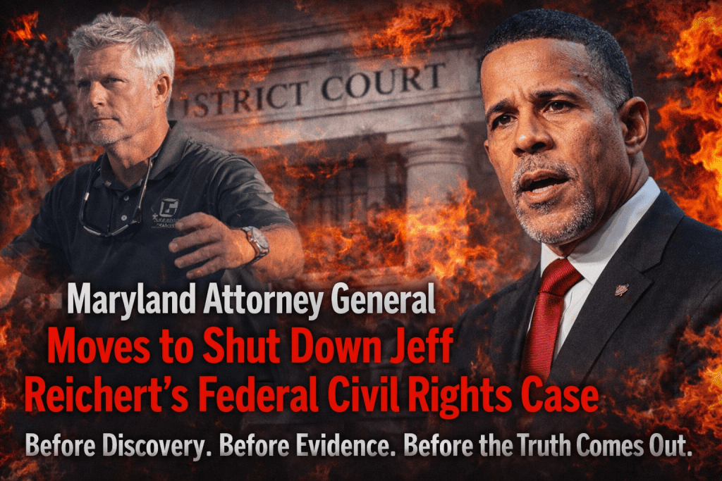 Graphic featuring Maryland Attorney General discussing the shutdown of Jeff Reichert's federal civil rights case, with text overlay emphasizing urgency.
