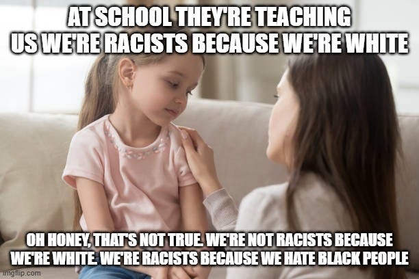 A meme showing a young white girl looking upset, while a white adult woman gently touches her shoulder. The top text reads "AT SCHOOL THEY'RE TEACHING US WE'RE RACISTS BECAUSE WE'RE WHITE." The bottom text, attributed to the adult, reads "OH HONEY, THAT'S NOT TRUE. WE'RE NOT RACISTS BECAUSE WE'RE WHITE. WE'RE RACISTS BECAUSE WE HATE BLACK PEOPLE." The meme uses dark humor to comment on discussions of race and racism.