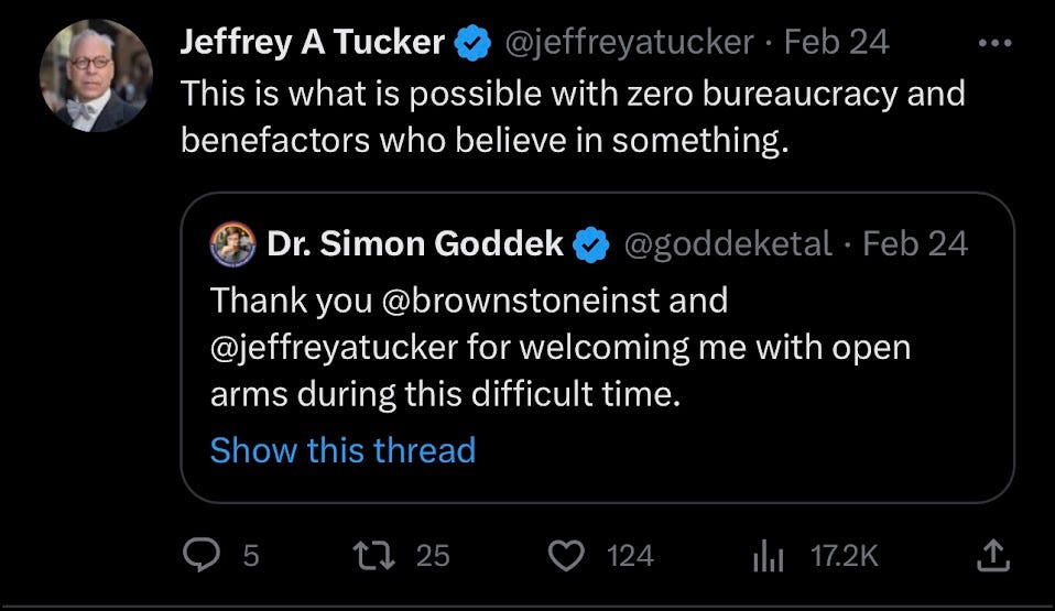 Jeffrey Tucker tweets out that he is a "benefactor who believes in something" after taking in pro-COVID freak Simon Goddek to the brownstone institute Jeffrey Tucker tweets out that he is a "benefactor who believes in something" after taking in pro-COVID freak Simon Goddek to the brownstone institute