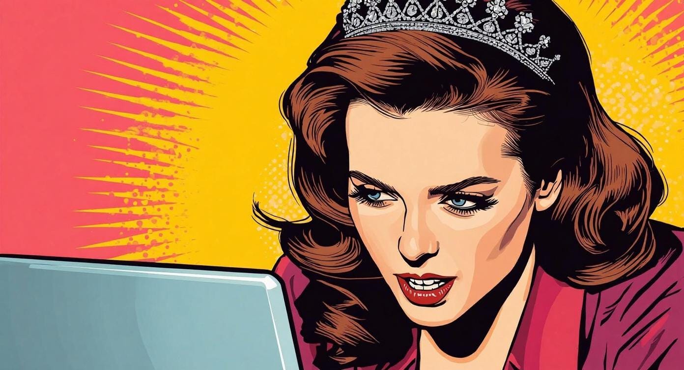 A woman adorned with a shimmering silver tiara, depicted in a vibrant pop art style, is shown in a state of delightful procrastination over an unfinished task. The scene is characterized by bold outlines, bright, saturated colors, and a dynamic composition, conveying a sense of playful avoidance.