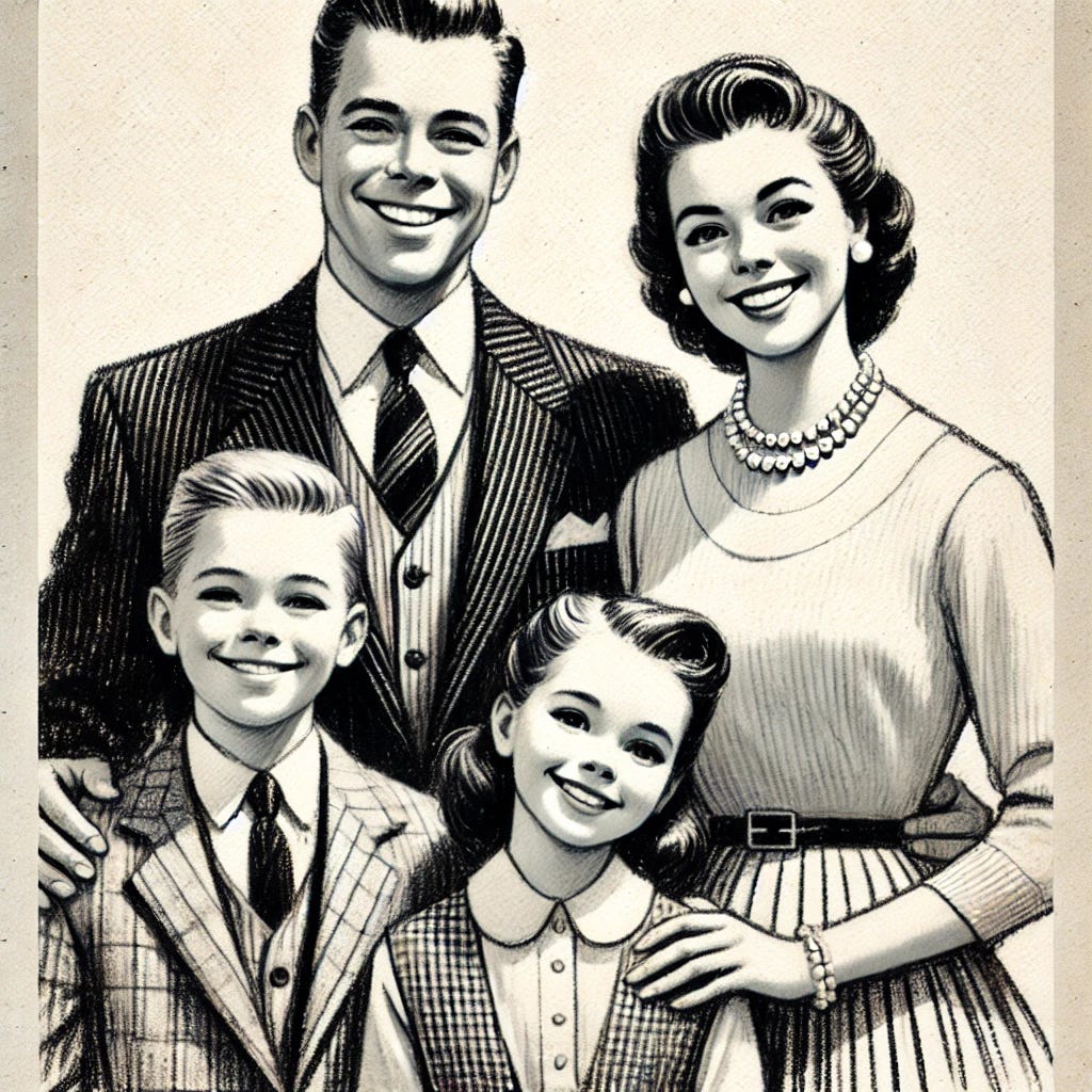 Create me an illustration of a happy 1950s family. The family includes a father in a suit, a mother in an elegant dress with pearls, and two children dressed in classic 1950s attire. They are standing together, smiling warmly, with a simple and minimalistic background. The illustration is drawn with charcoal lines, no shading, on thick white textured paper, emphasizing the traditional nuclear family aesthetic of the 1950s.