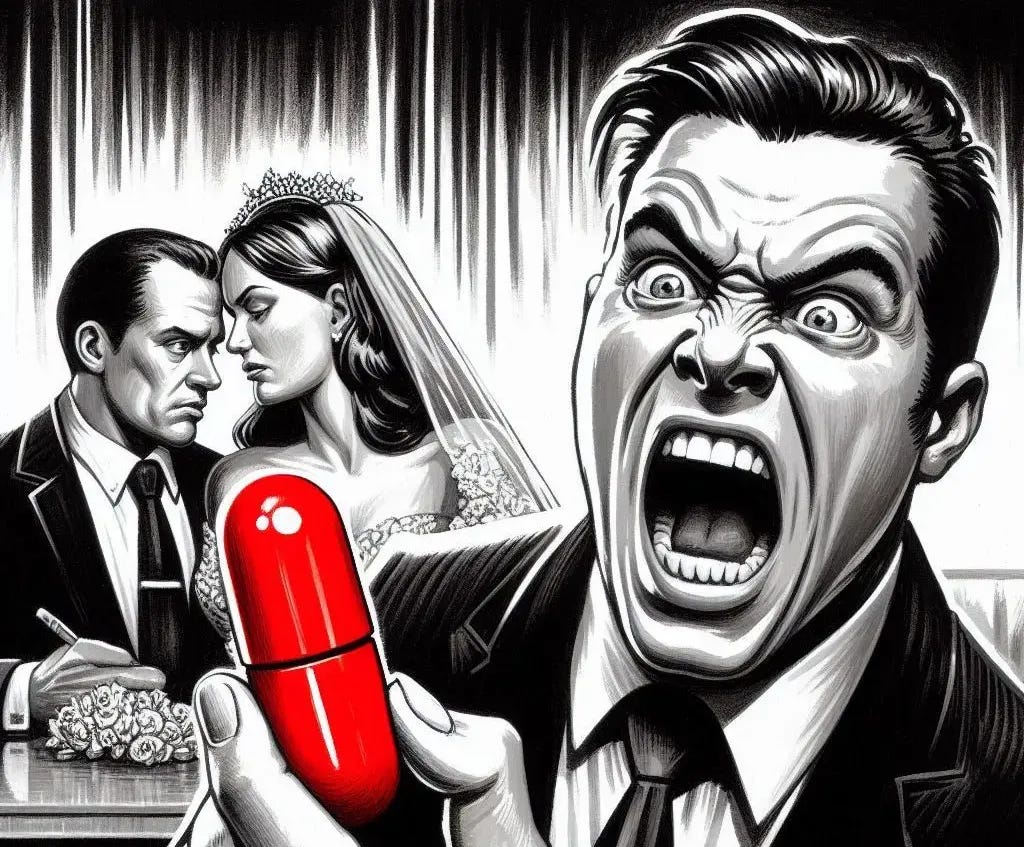A man holding a red pill screaming at a married couple in black and white ink and gouache style