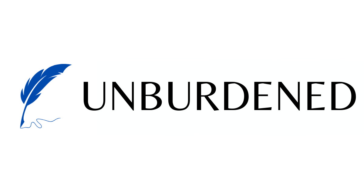 The Unburdened Banner which consists of a blue feathered quill drawing a squiggly line and the word Unburdened in bold lettering