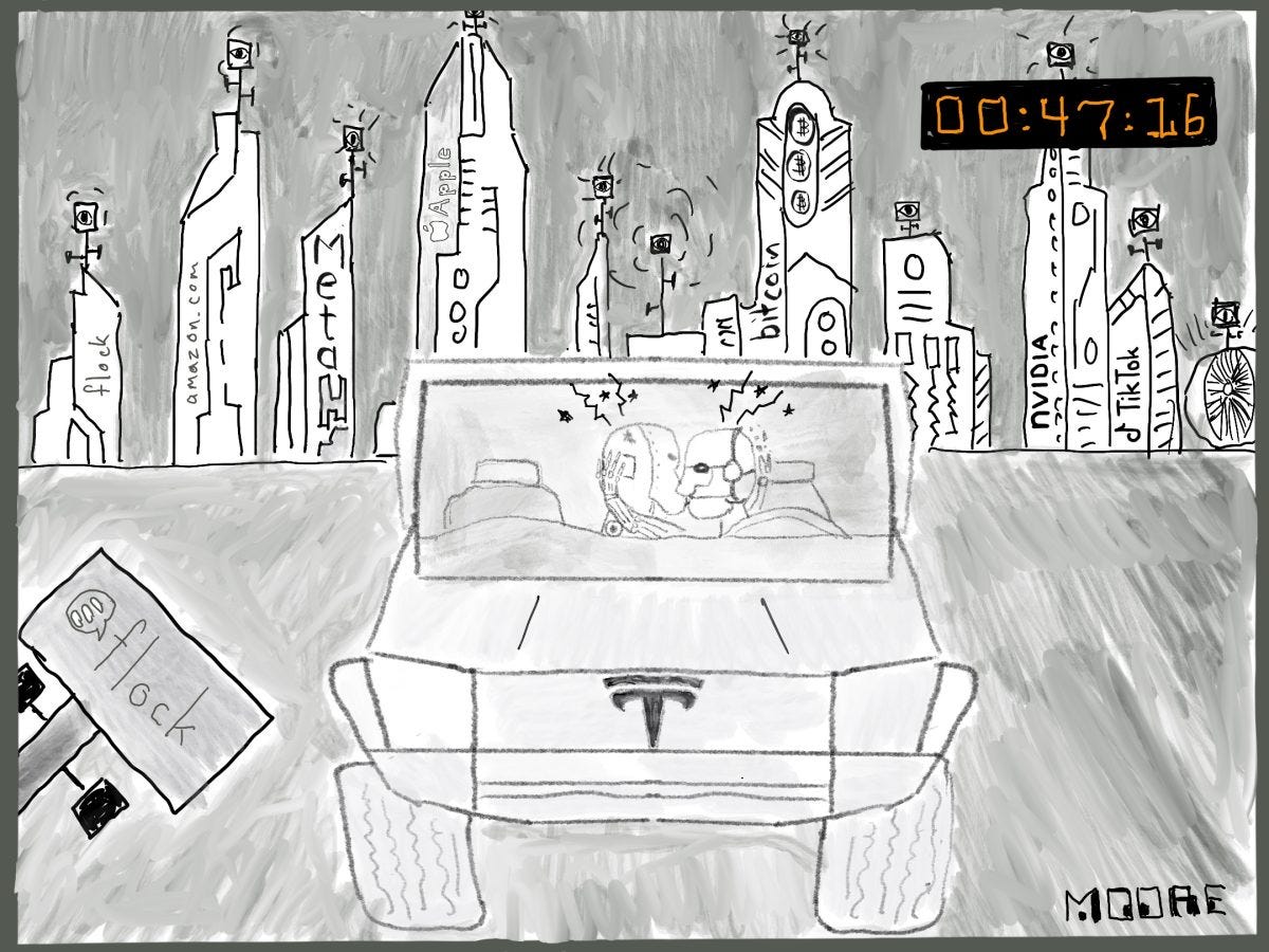 Flock cameras gather around a car watching androids kiss Flock cameras gather around a car watching androids kiss